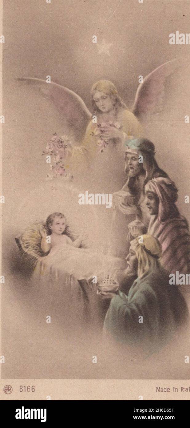 antique colorful holy card  the baby Jesus in the manger with an Angel surronding by the Biblical Magi / Kings Three Magi / Kings. Masterpiece .  Additional-Rights-Clearences-Not Available Stock Photo