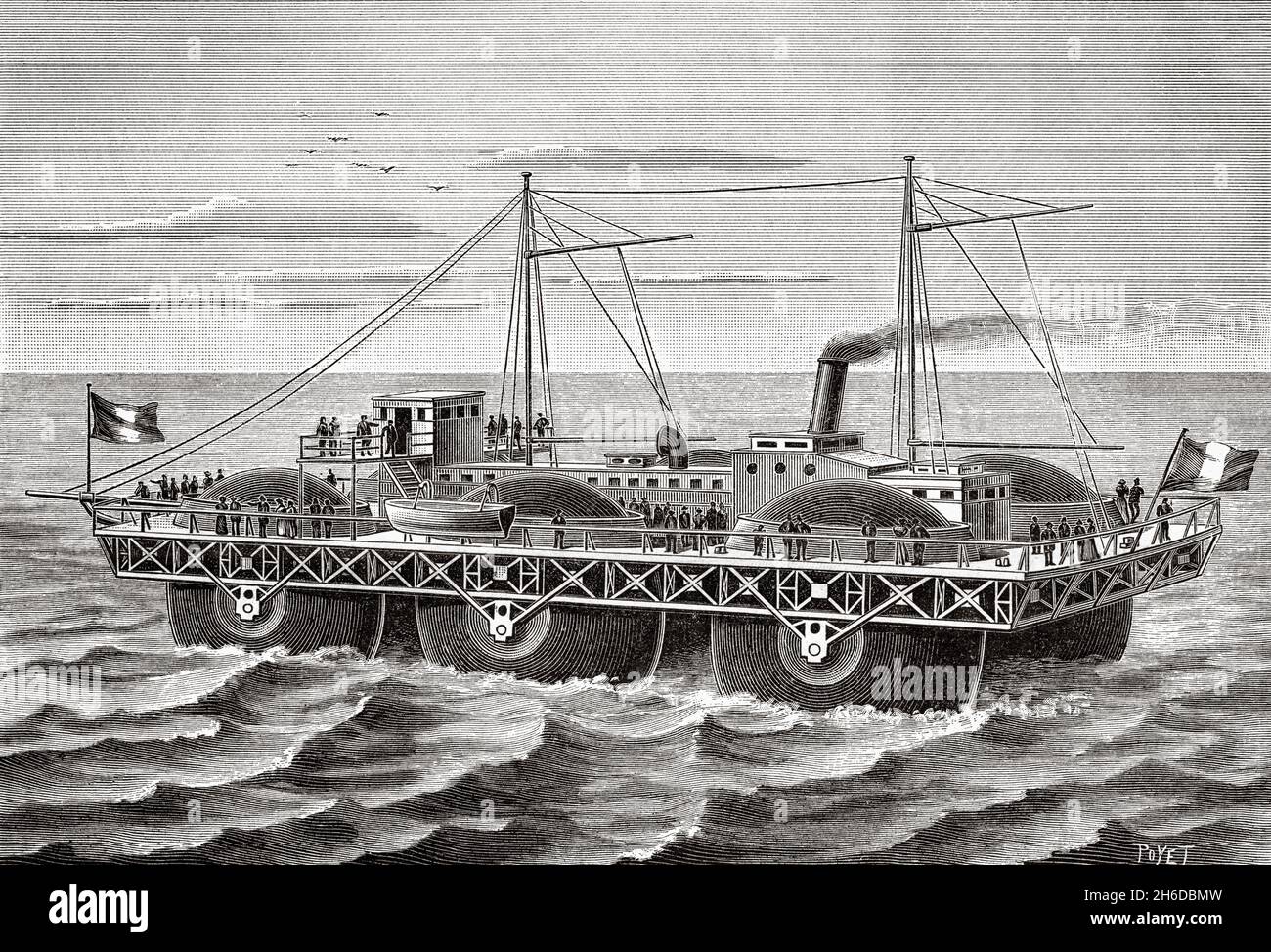 The wheeled experimental boat, France. Europe. Old 19th century engraved illustration from La Nature 1897 Stock Photo