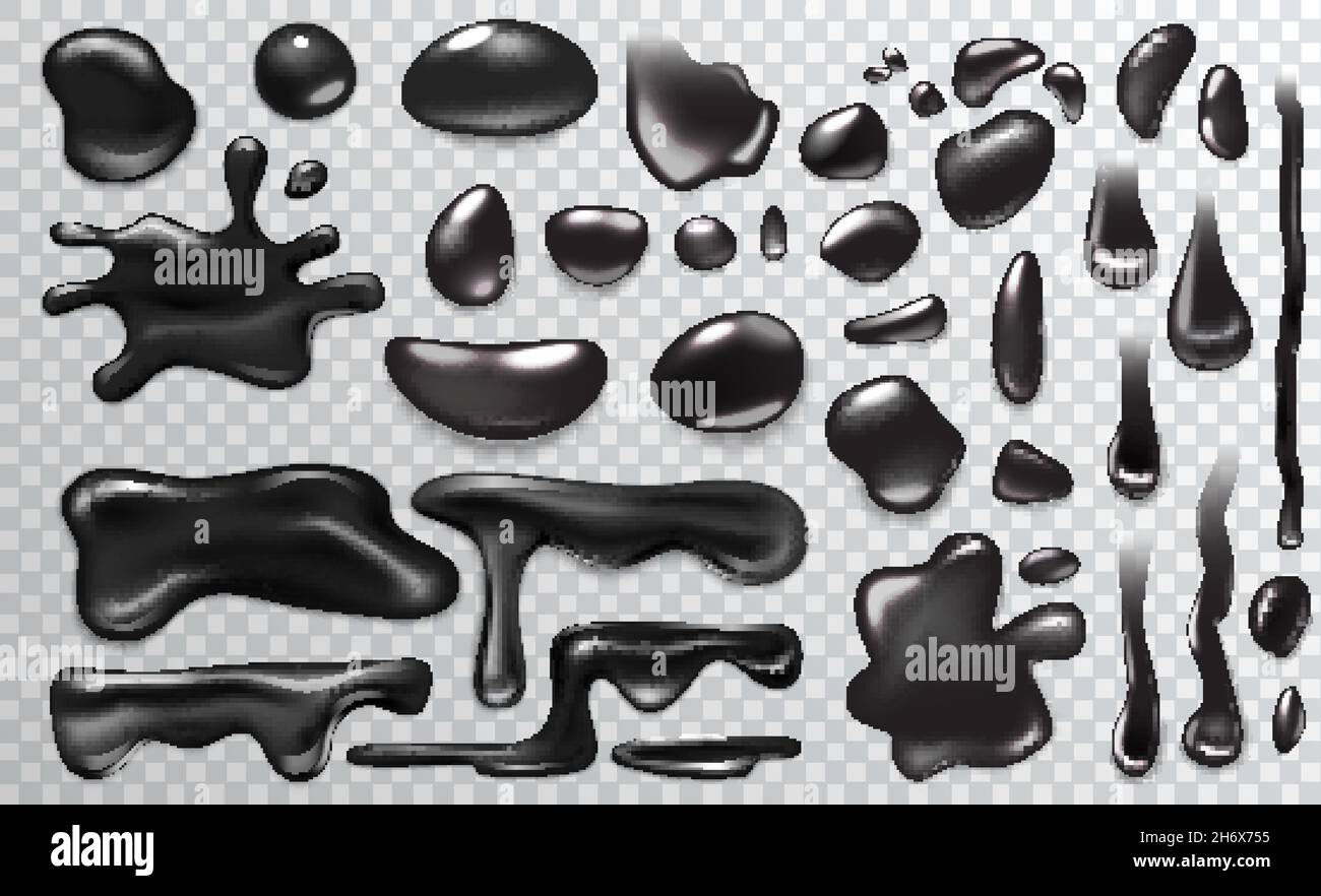 Black liquid droplets of different shapes set, top view vector illustration. 3d realistic puddles of fluid with shiny surface, paint or ink splashes, glossy blobs drip on transparent background Stock Vector