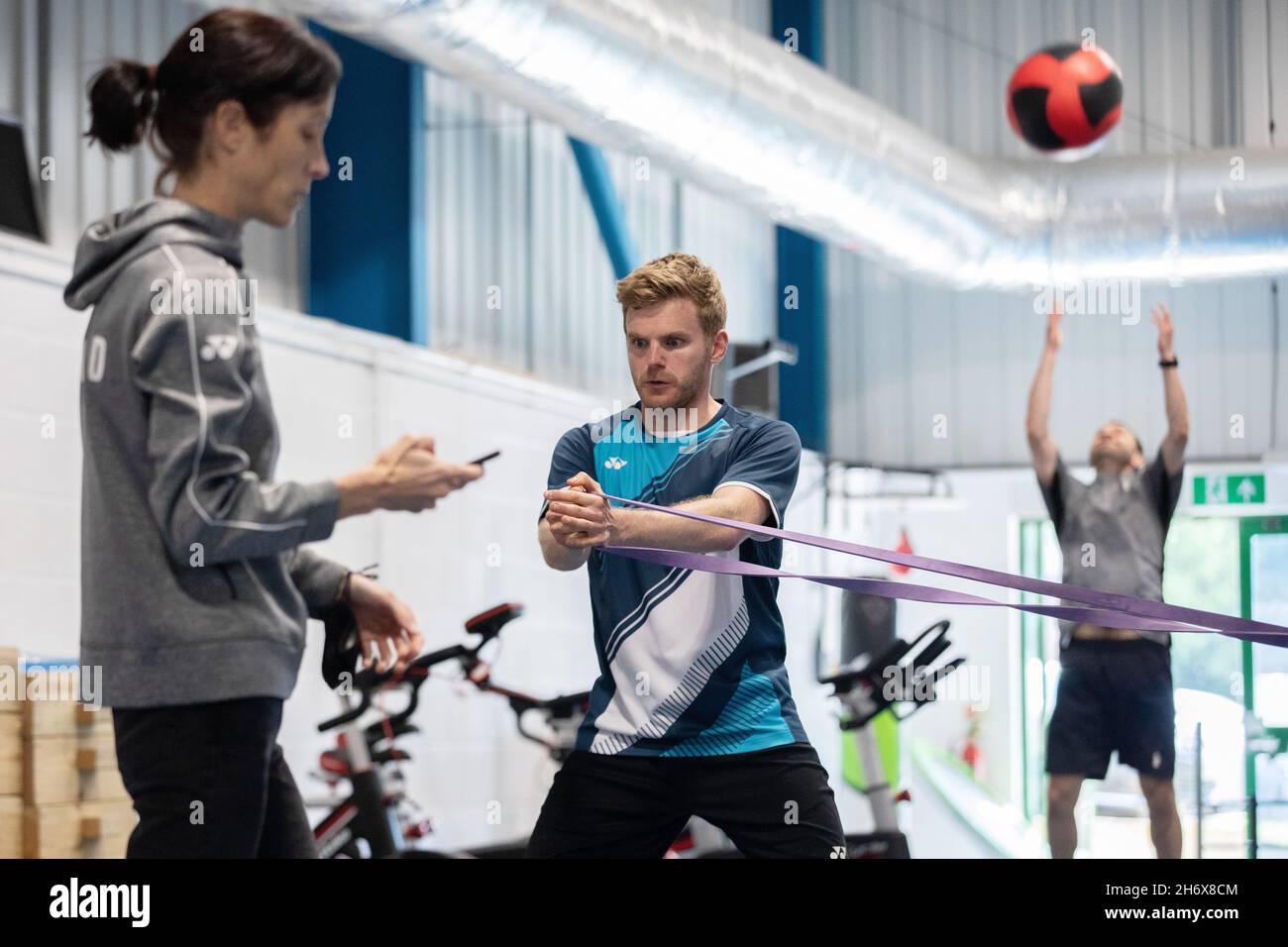 02/06/21-Badminton England player Marcus Ellis and Chris Langridge during a circuit training session at the National Badminton Centre, Milton Keynes. Stock Photo