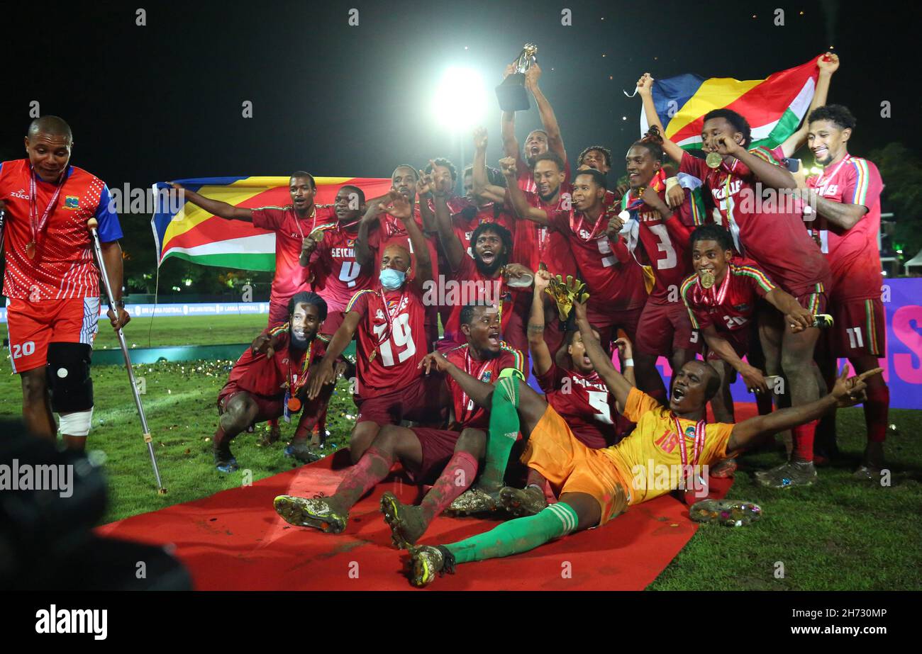 Colombo, Sri Lanka. 19th Nov, 2021. Seychelle players celebrate after ...