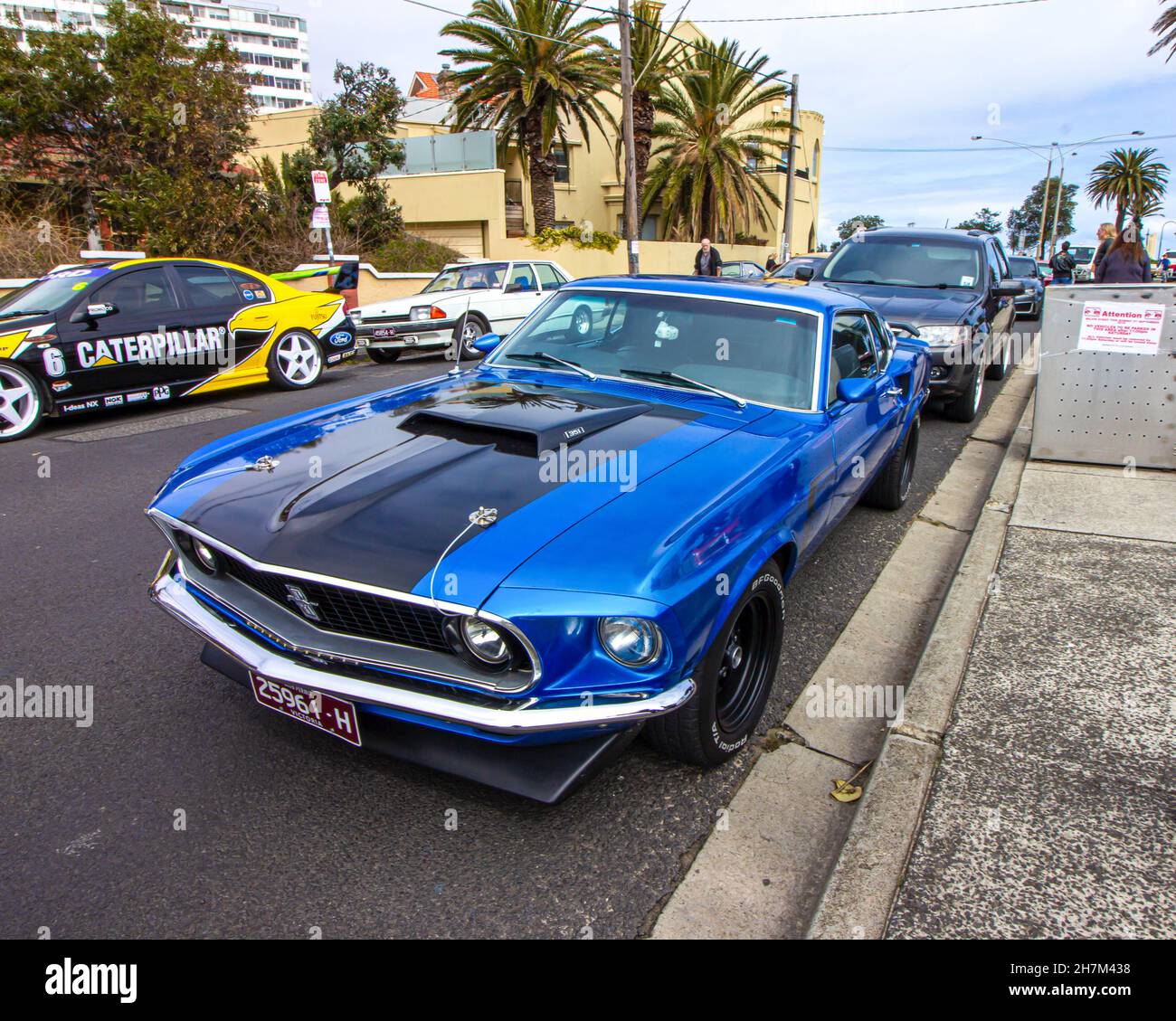 Ford Mustang Mach 1, blue and black, 351 small block engine, Classic car. Melbourne Car show Father's day. St Kilda, Victoria - Australia. Stock Photo