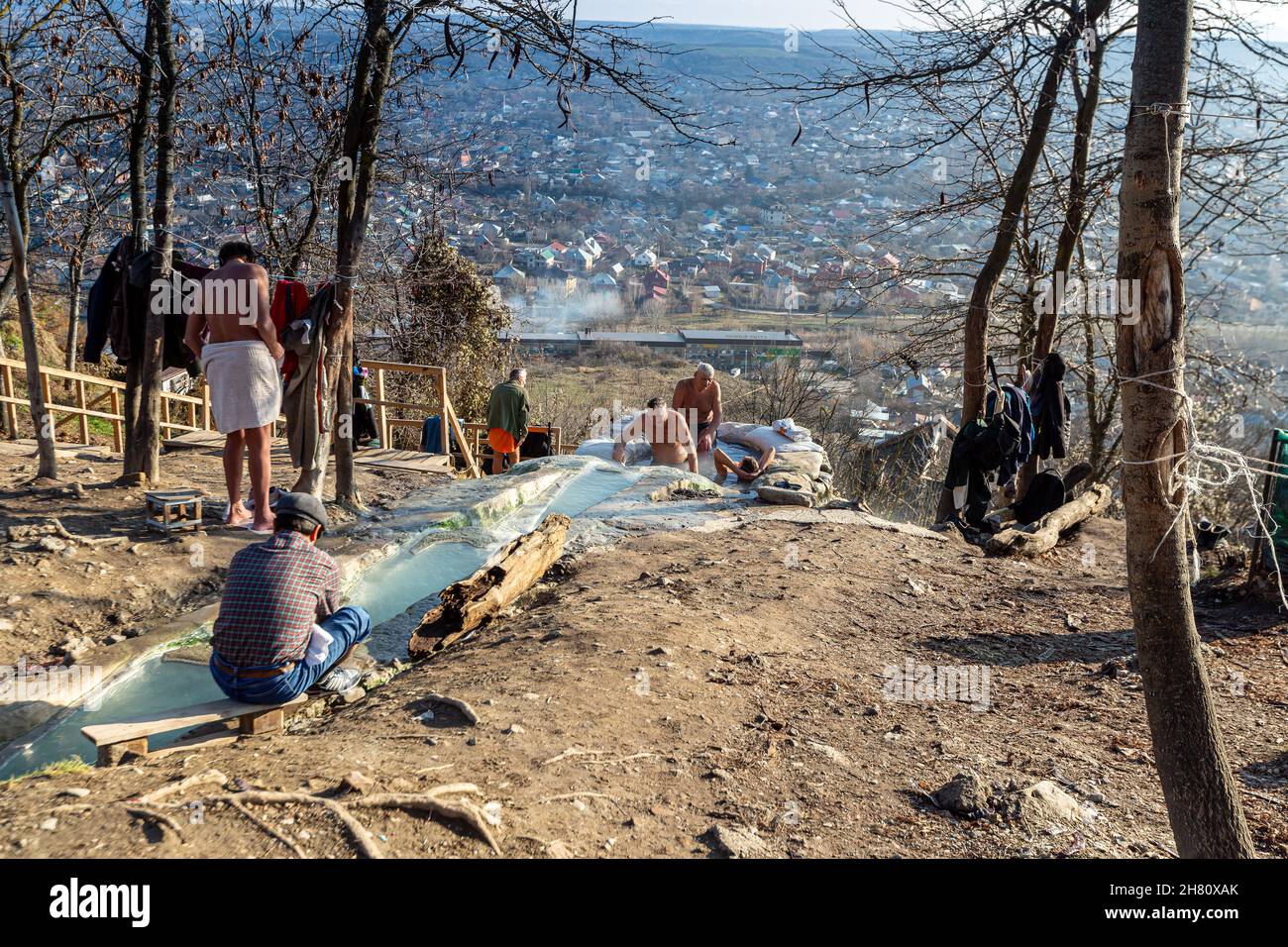 People bathe in mineral water flowing from Lake Proval in the famous resort town of Pyatigorsk Stock Photo