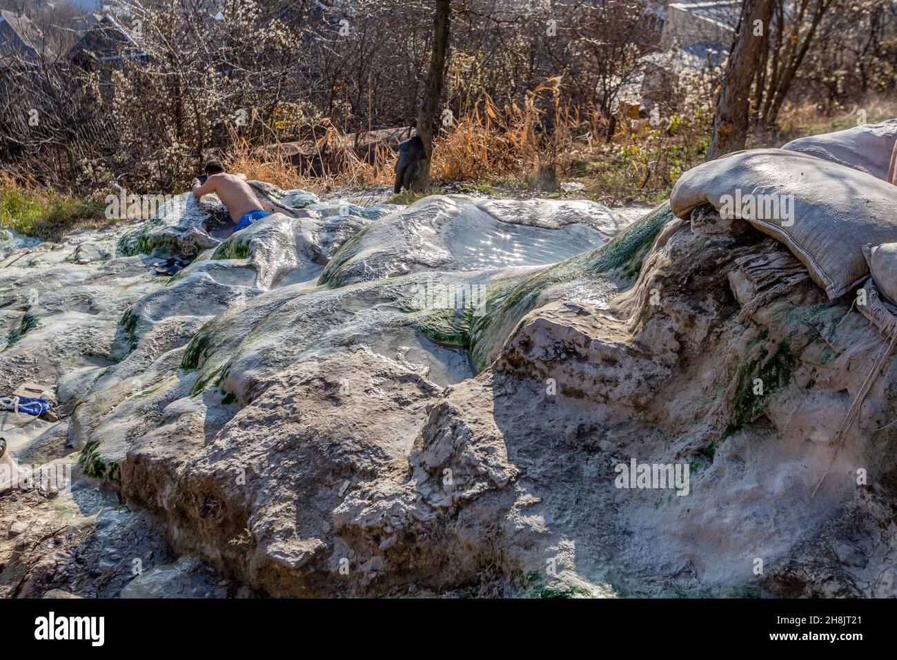 People bathe in mineral water flowing from Lake Proval in the famous resort town of Pyatigorsk Stock Photo