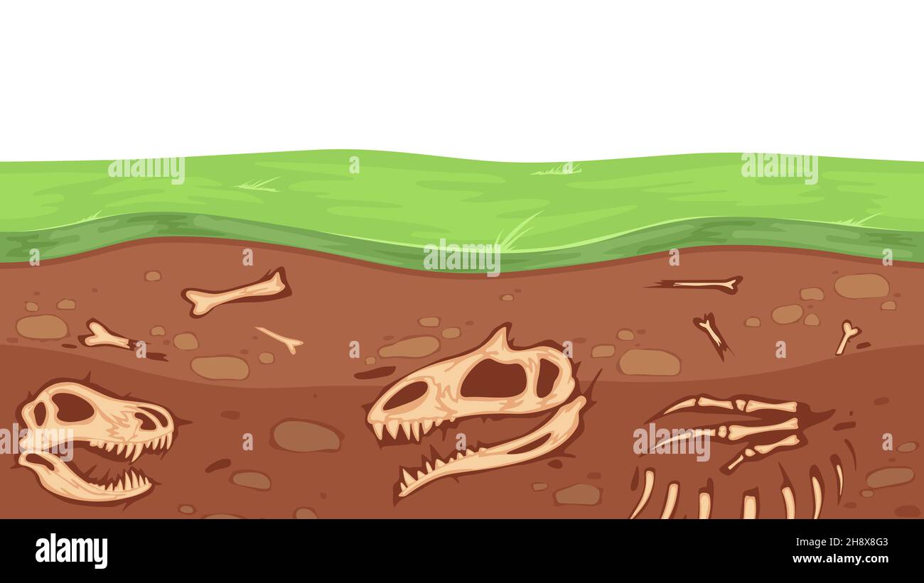 Paleontology bones. Archeology, underground dinosaur skeleton and skull. Fossil in ground layers vector illustration Stock Vector