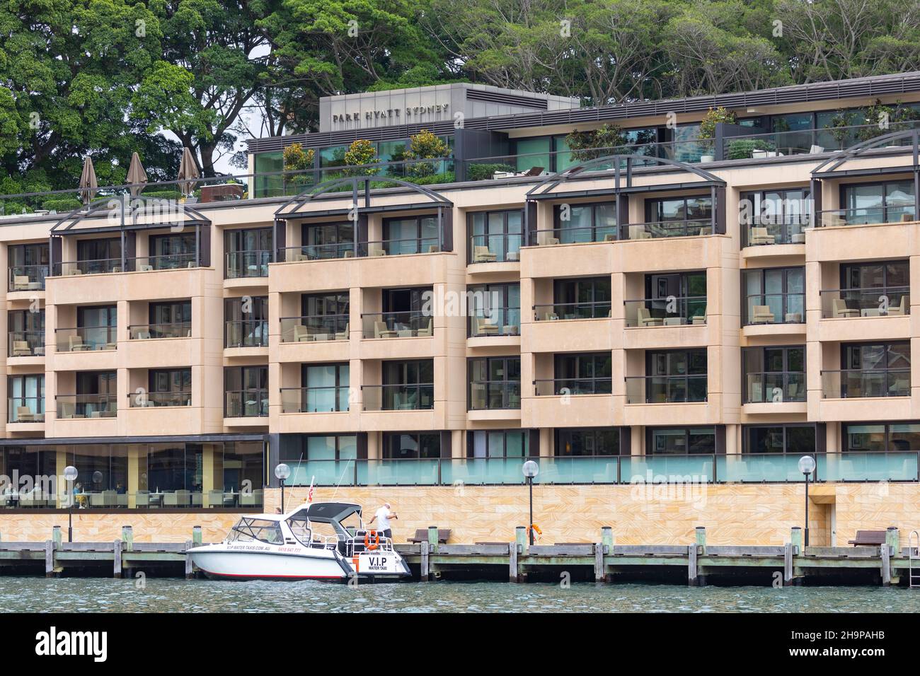 Park Hyatt Hotel Sydney exterior with water taxi moored outside,Sydney city centre,NSW,Australia Stock Photo