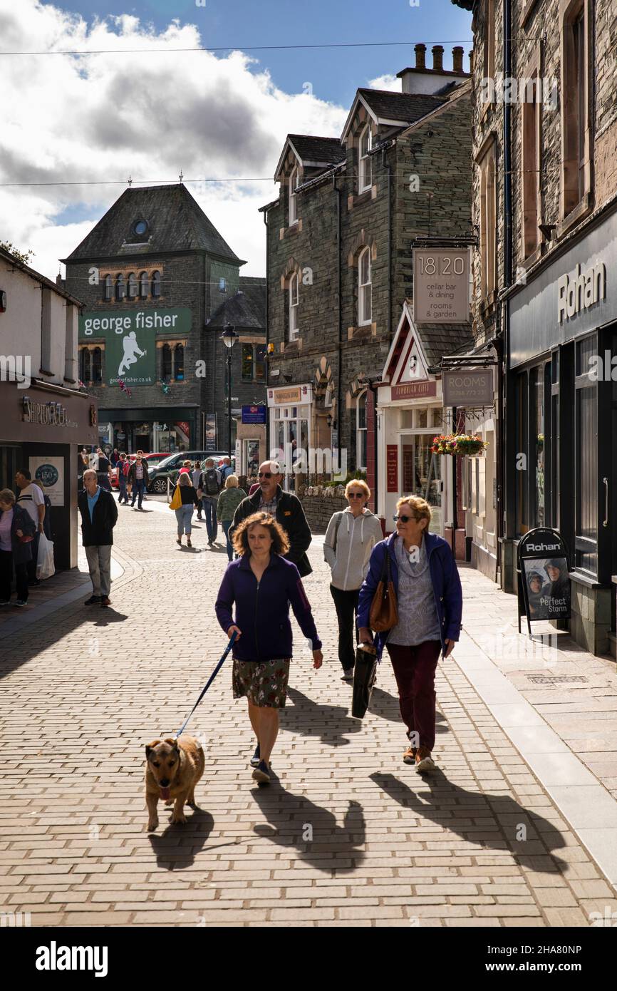 UK, Cumbria, Allerdale, Keswick, Lake Road, shoppers on pedestrianised shopping street Stock Photo