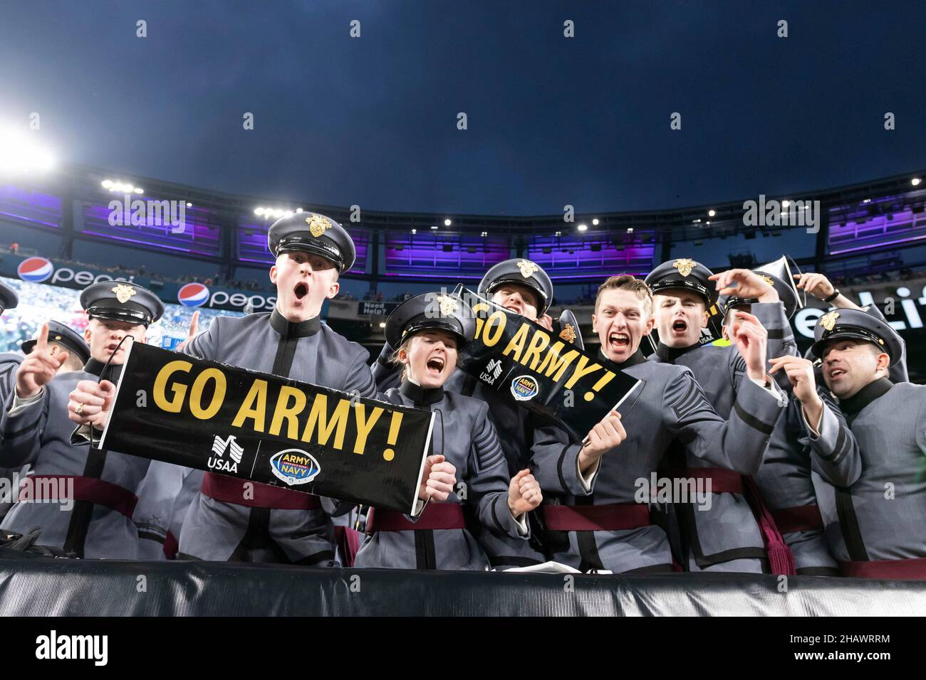 East Rutherford, United States of America. 11 December, 2021. U.S. Military Academy midshipmen cheering during the annual Army-Navy football game at Metlife Stadium December 11, 2021 in East Rutherford, New Jersey. The U.S. Naval Academy Midshipmen defeated the Army Black Knights 17-13 in their 122nd matchup.  Credit: CDT Tyler Williams/US Army/Alamy Live News Stock Photo