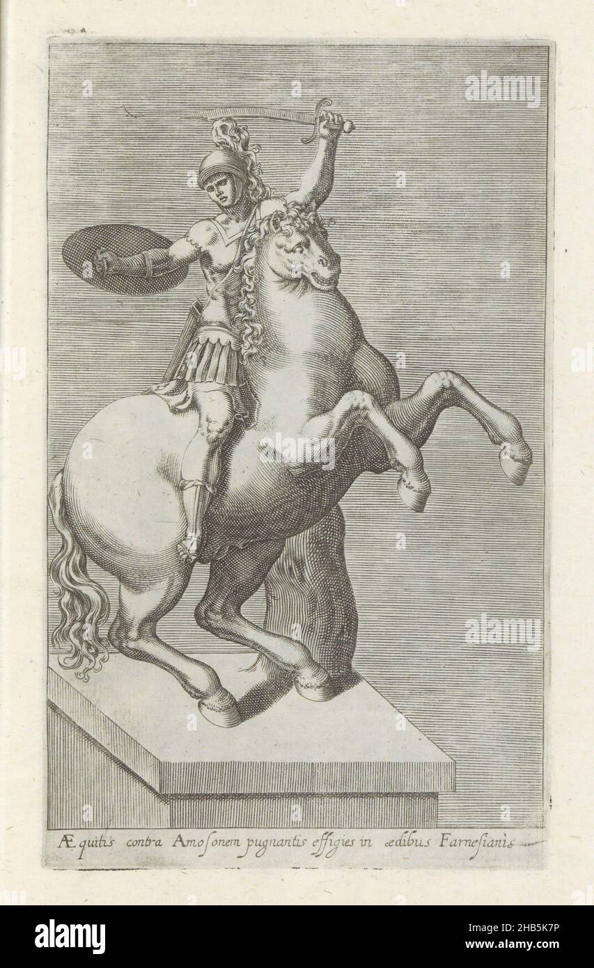 Sculpture of a Roman soldier on horseback, Aequitis contra amosonem (...) (title on object), Antique sculptures in Rome (series title), Antiquarum statuarum urbis Romae quae in publicis locis visuntur icones (series title), Caption in Latin. Print is part of an album., print maker: anonymous, publisher: Andrea Vaccari, print maker: Italy, publisher: Rome, 1584, paper, engraving, height 224 mm × width 144 mm Stock Photo