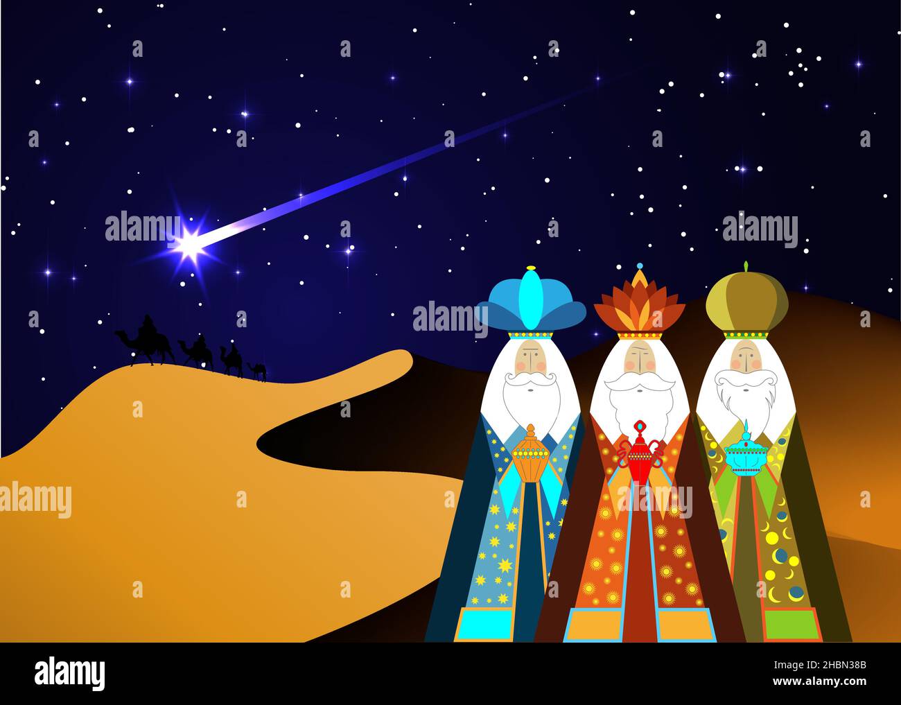 Three wise men Christmas. Three biblical Kings, Caspar, Melchior and Balthazar. Bethlehem Nativity concept, Epiphany is a Christian festival Stock Vector