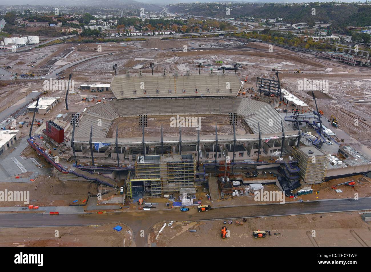 An aerial view of the Snapdragon Stadium construction site on the campus of San Diego State University at SDSU Mission Valley, Saturday, Dec. 25, 2021 Stock Photo