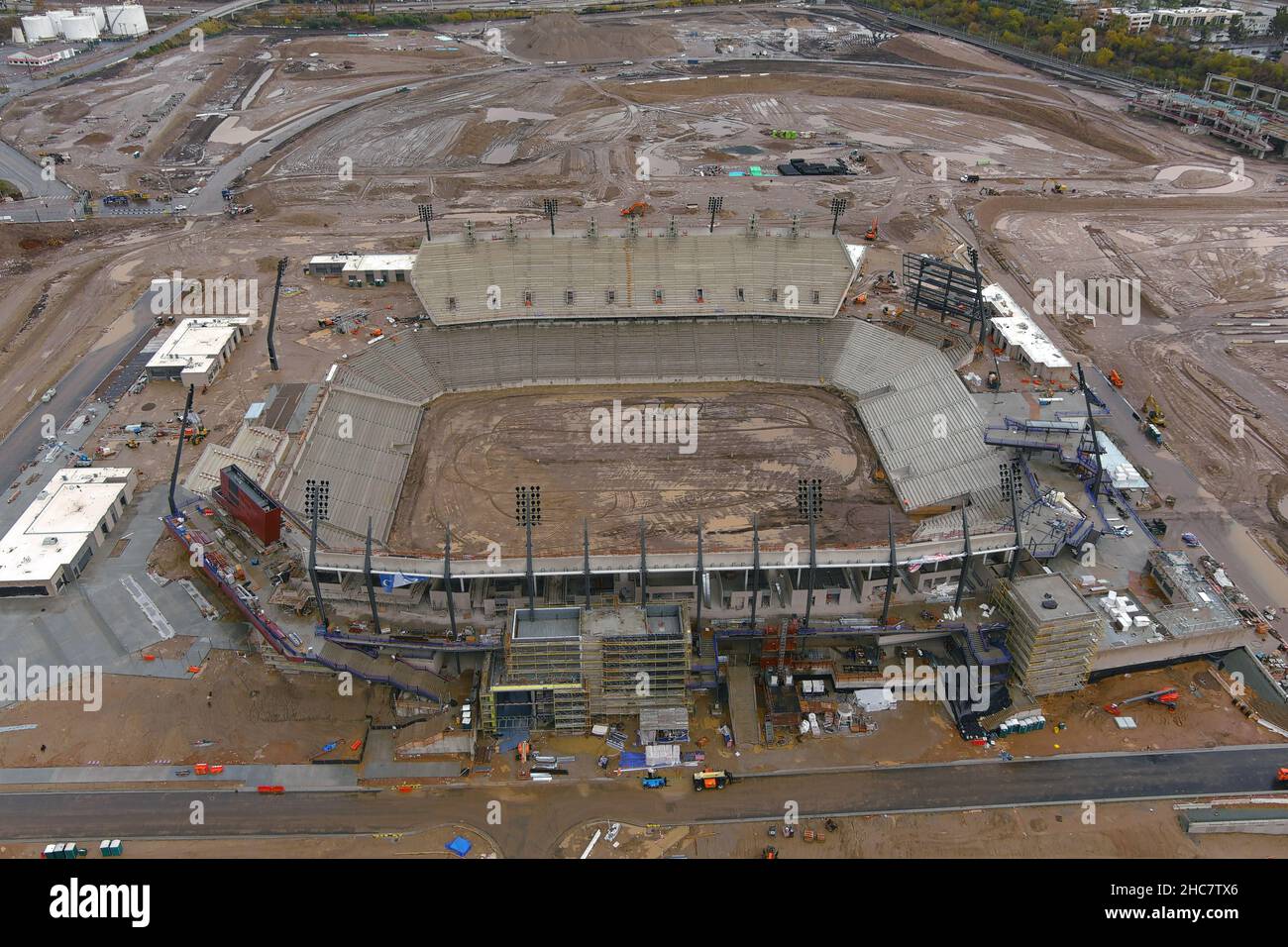 An aerial view of the Snapdragon Stadium construction site on the campus of San Diego State University at SDSU Mission Valley, Saturday, Dec. 25, 2021 Stock Photo