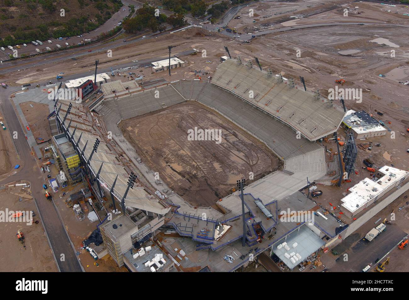 An aerial view of the Snapdragon Stadium construction site on the campus of San Diego State University at SDSU Mission Valley, Saturday, Dec. 25, 2021 Stock Photo