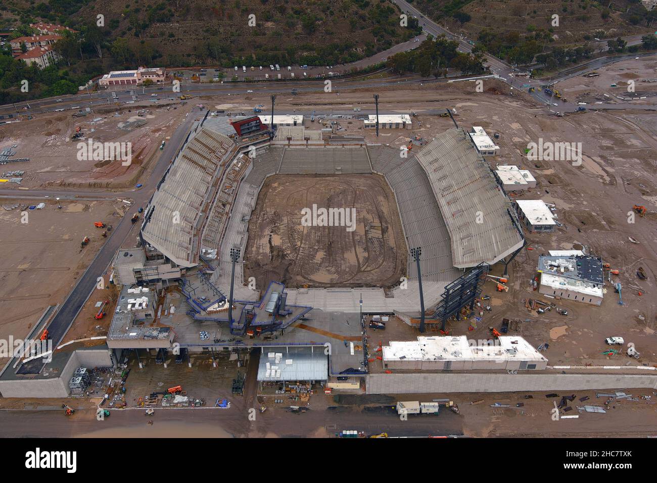 An aerial view of the Snapdragon Stadium construction site on the campus of San Diego State University at SDSU Mission Valley, Saturday, Dec. 25, 2021 Stock Photo