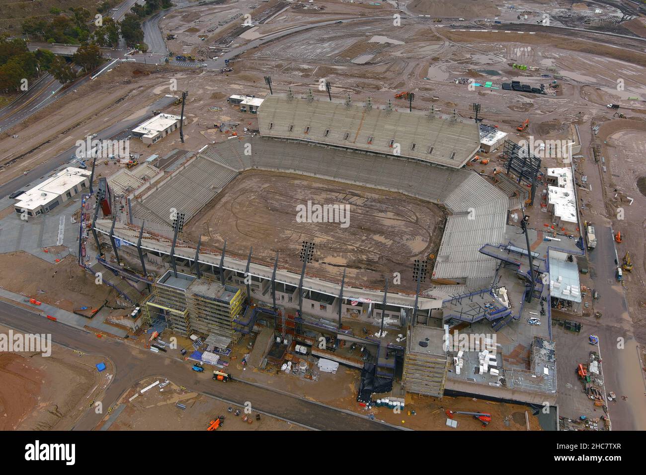 An aerial view of the Snapdragon Stadium construction site on the campus of San Diego State University at SDSU Mission Valley, Saturday, Dec. 25, 2021 Stock Photo