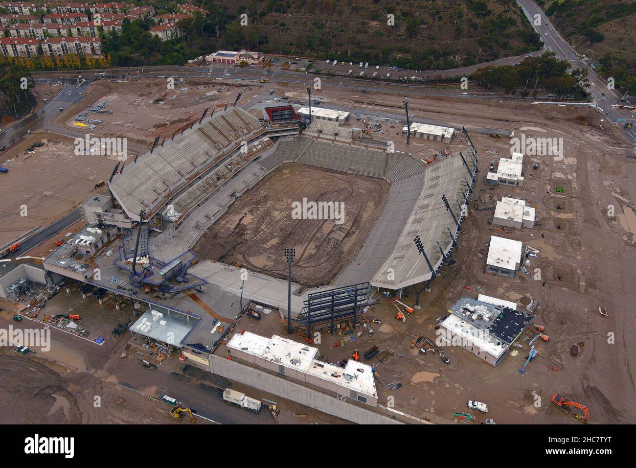 An aerial view of the Snapdragon Stadium construction site on the campus of San Diego State University at SDSU Mission Valley, Saturday, Dec. 25, 2021 Stock Photo