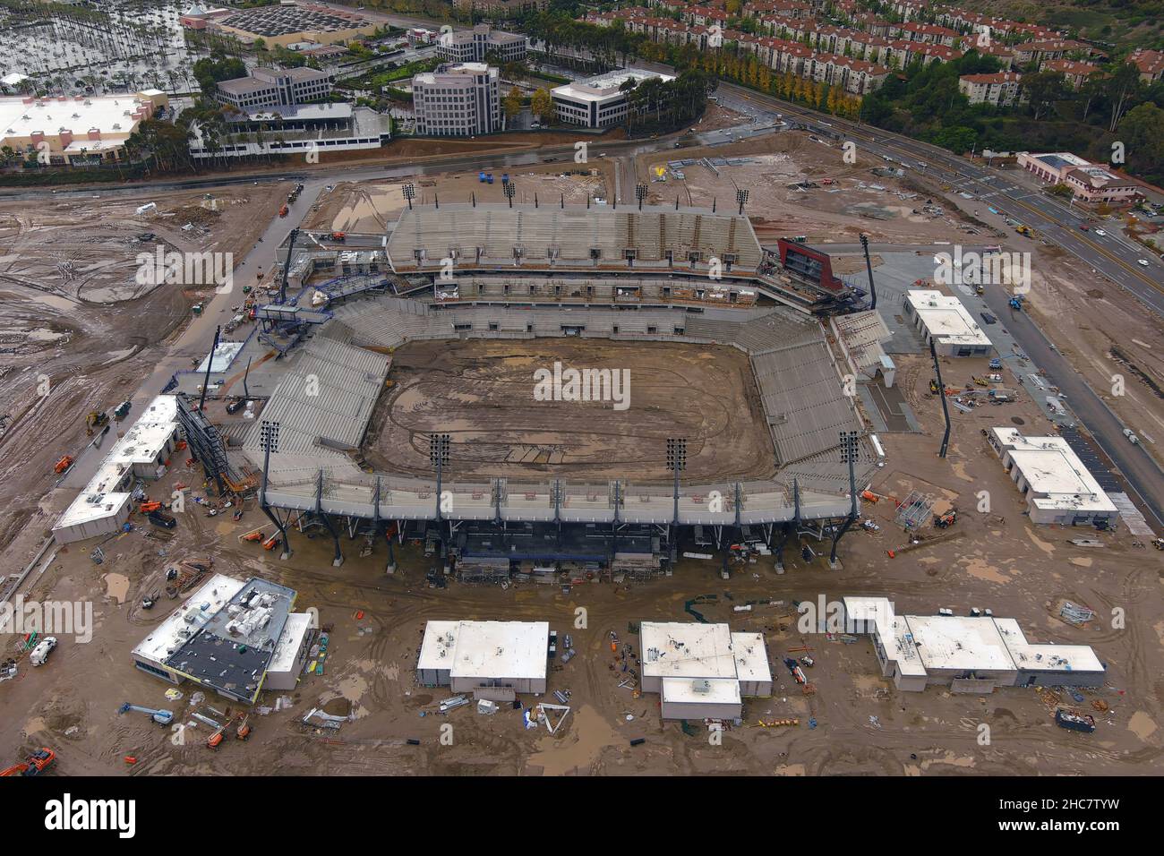 An aerial view of the Snapdragon Stadium construction site on the campus of San Diego State University at SDSU Mission Valley, Saturday, Dec. 25, 2021 Stock Photo