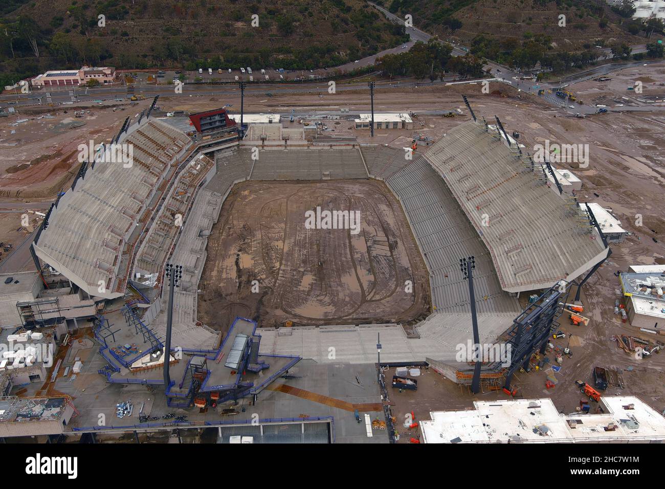 An aerial view of the Snapdragon Stadium construction site on the campus of San Diego State University at SDSU Mission Valley, Saturday, Dec. 25, 2021 Stock Photo