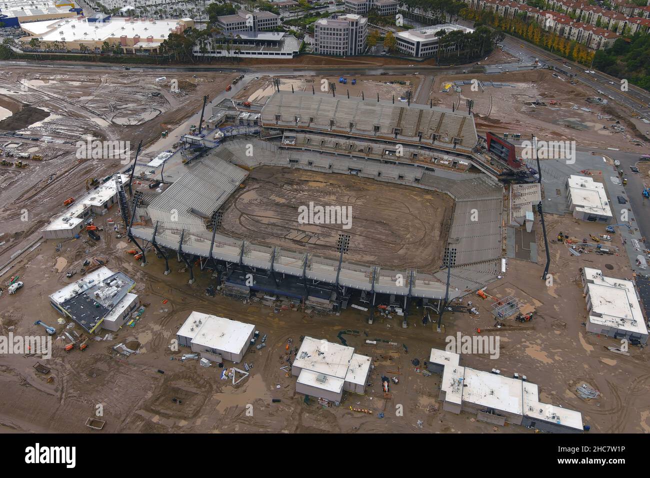 An aerial view of the Snapdragon Stadium construction site on the campus of San Diego State University at SDSU Mission Valley, Saturday, Dec. 25, 2021 Stock Photo