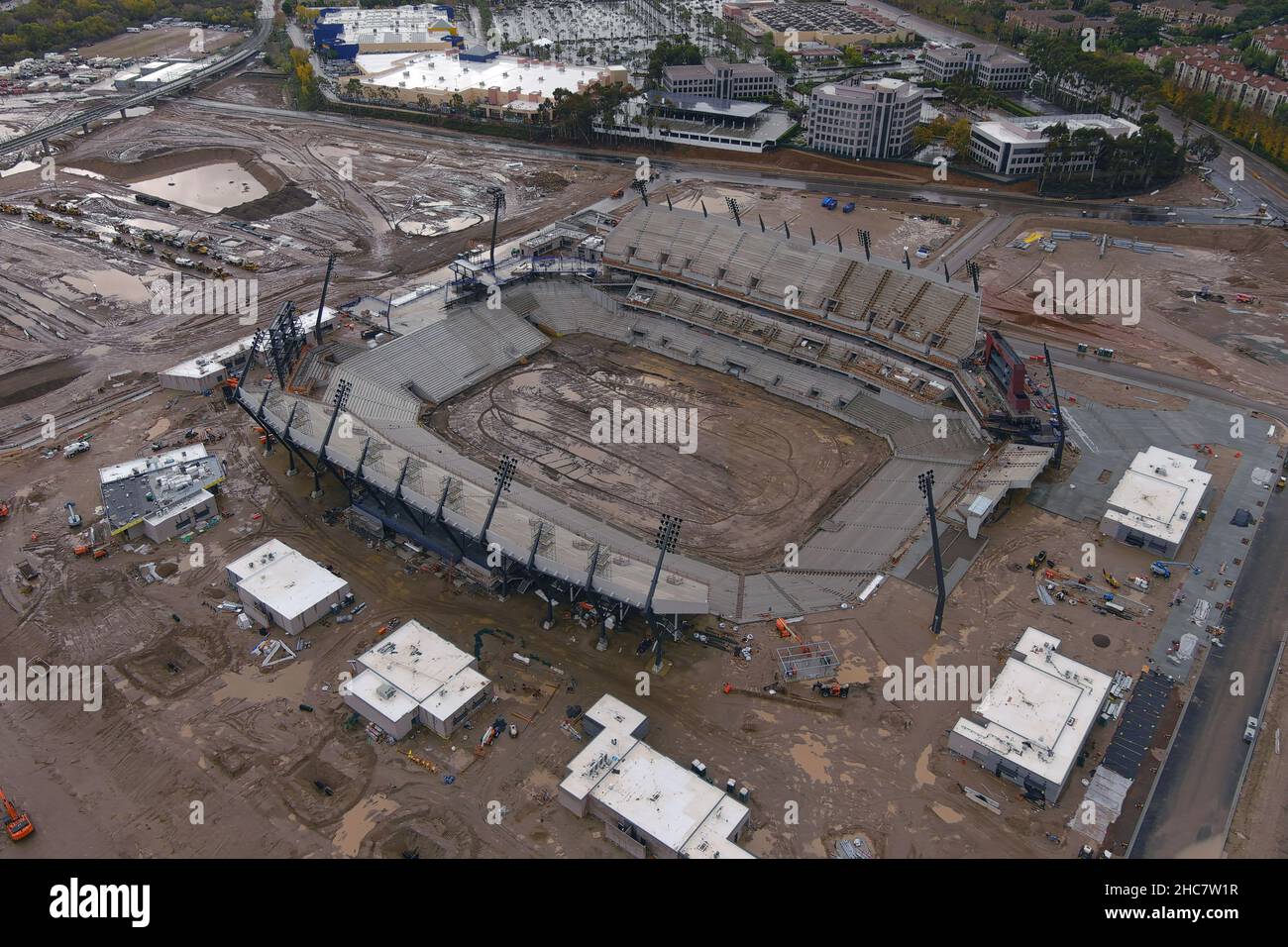 An aerial view of the Snapdragon Stadium construction site on the campus of San Diego State University at SDSU Mission Valley, Saturday, Dec. 25, 2021 Stock Photo