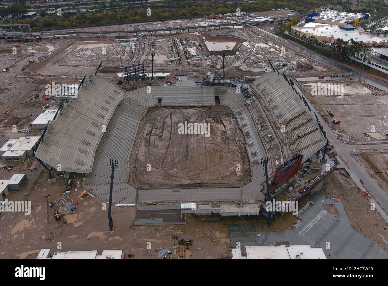 An aerial view of the Snapdragon Stadium construction site on the campus of San Diego State University at SDSU Mission Valley, Saturday, Dec. 25, 2021 Stock Photo