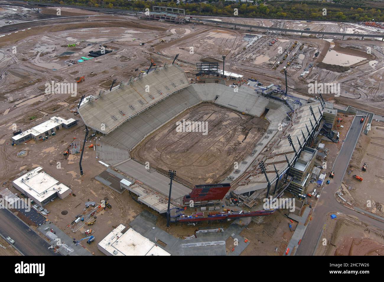 An aerial view of the Snapdragon Stadium construction site on the campus of San Diego State University at SDSU Mission Valley, Saturday, Dec. 25, 2021 Stock Photo