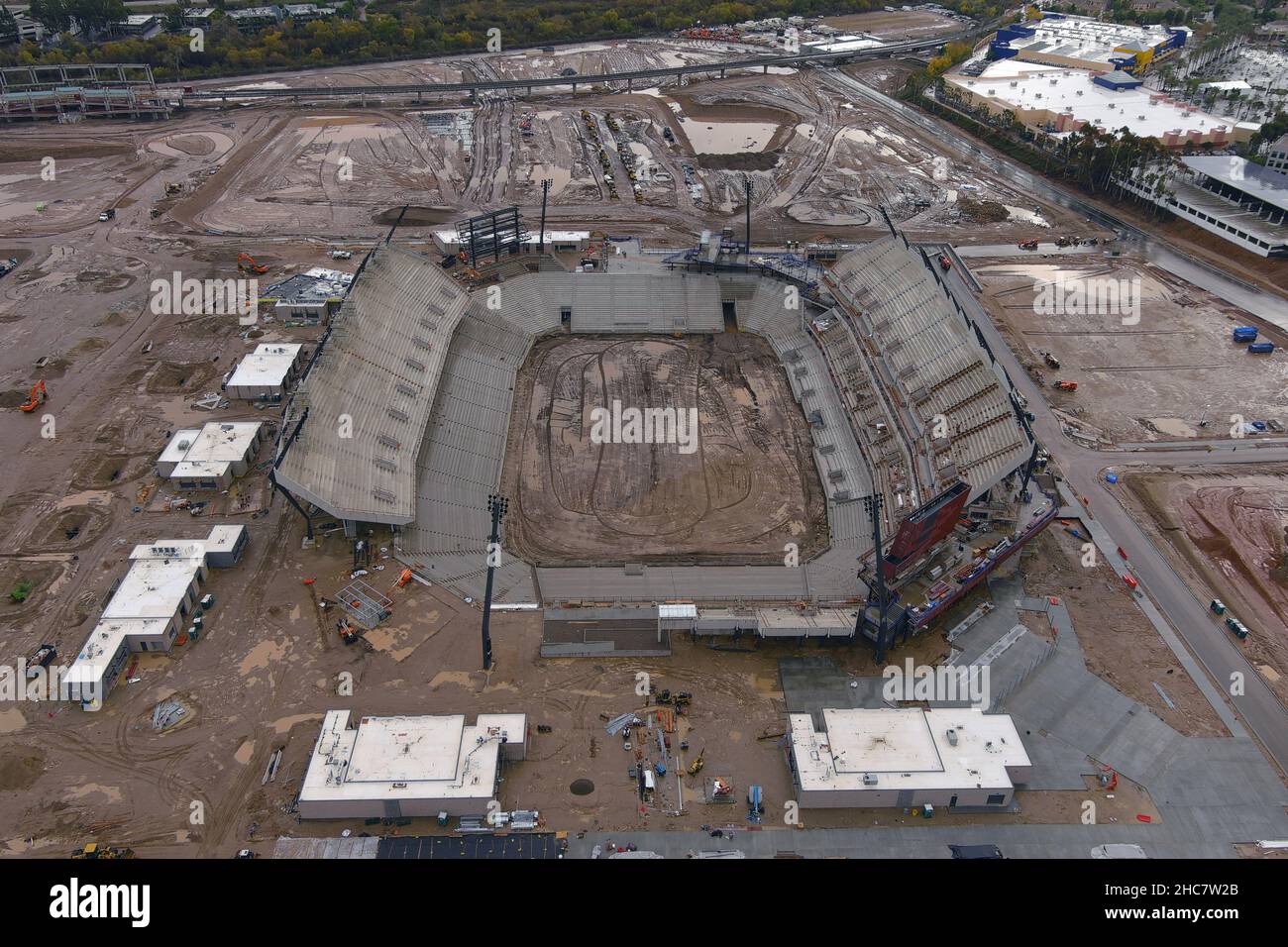 An aerial view of the Snapdragon Stadium construction site on the campus of San Diego State University at SDSU Mission Valley, Saturday, Dec. 25, 2021 Stock Photo