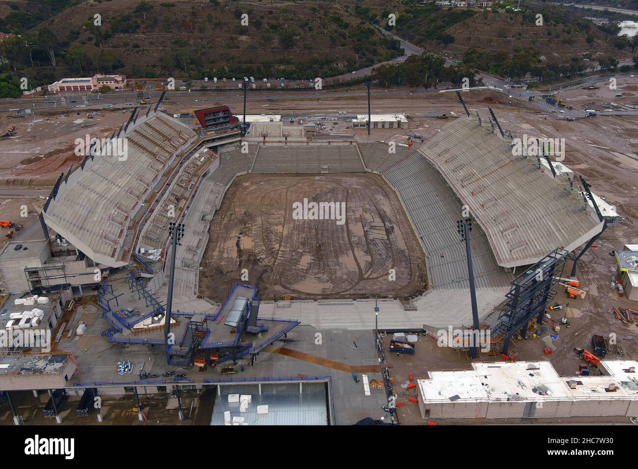 An aerial view of the Snapdragon Stadium construction site on the campus of San Diego State University at SDSU Mission Valley, Saturday, Dec. 25, 2021 Stock Photo