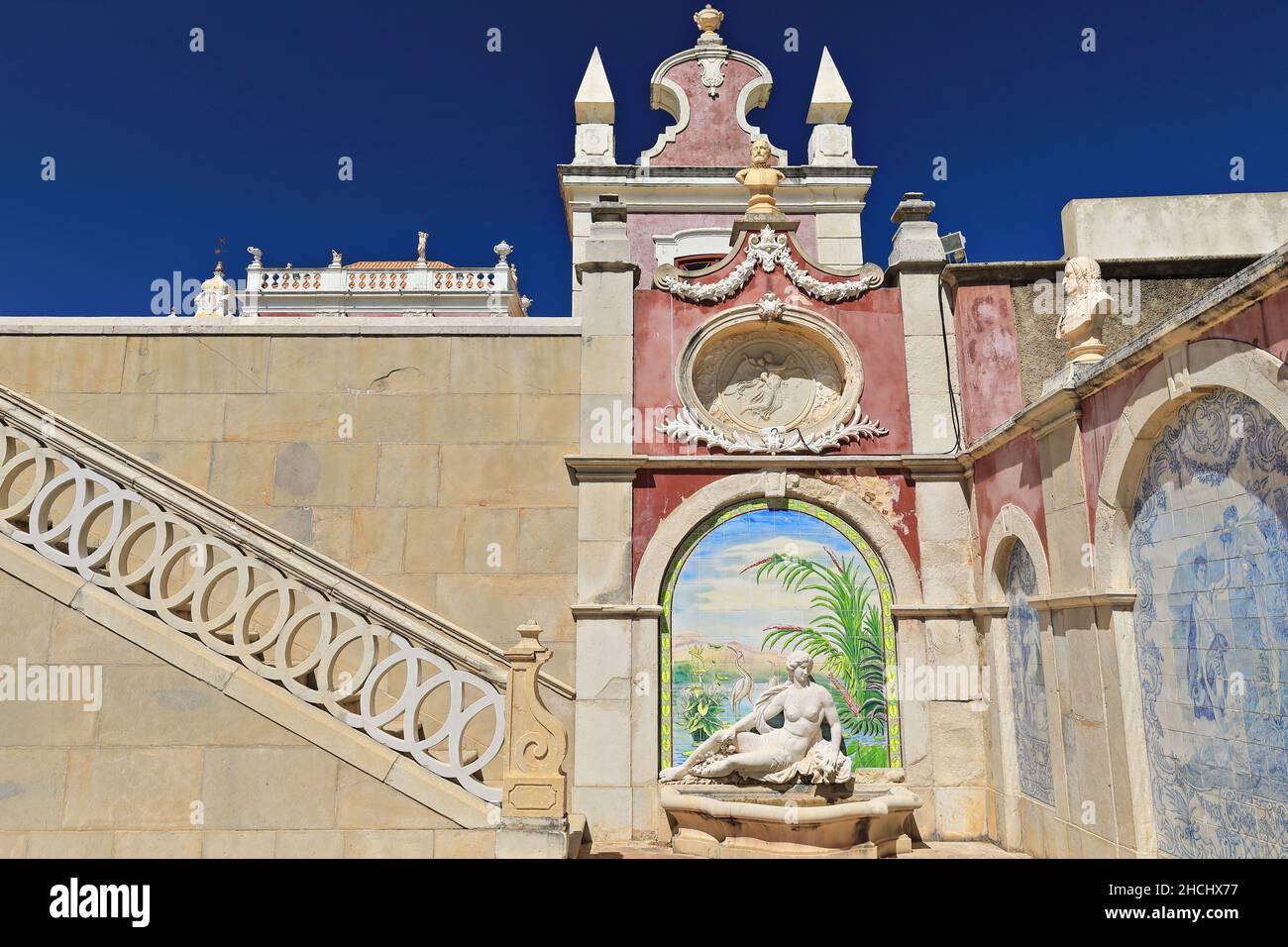 Stairs up the garden's third level-nymph fountain-tile panels. NeoRococo palace-Estoi-Algarve-Portugal-037 Stock Photo