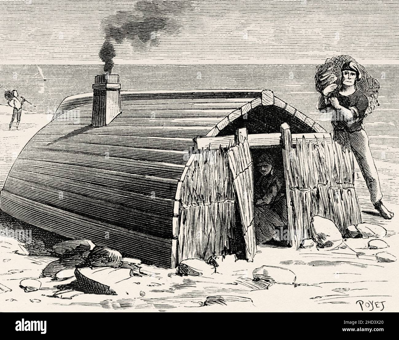 Dwelling in an old ship in Spain. Old 19th century engraved illustration from La Nature 1885 Stock Photo