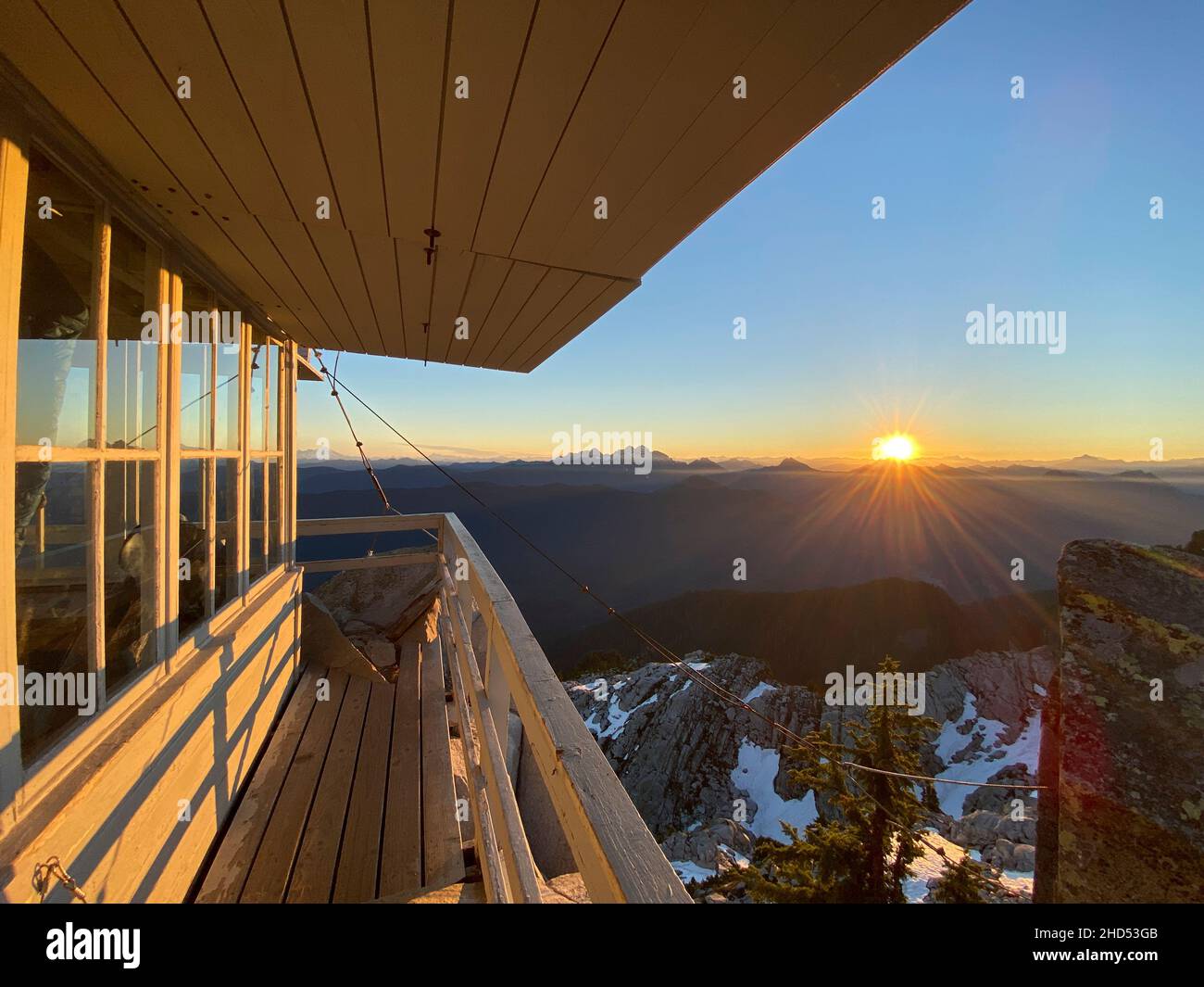 Mount Pilchuck fire lookout at sunrise Stock Photo