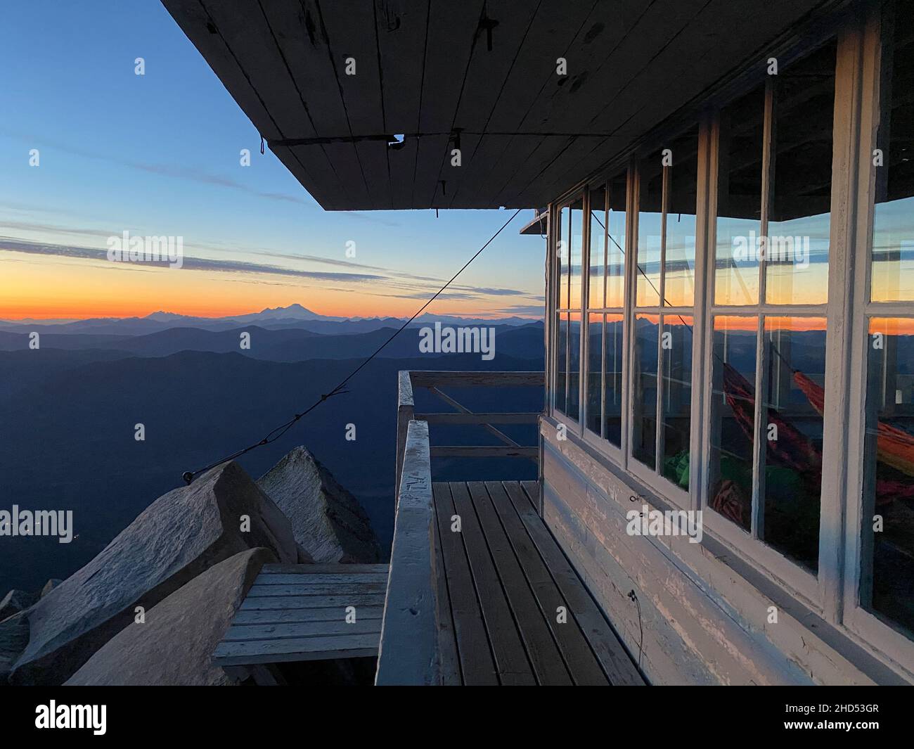 Mount Pilchuck fire lookout at sunset Stock Photo