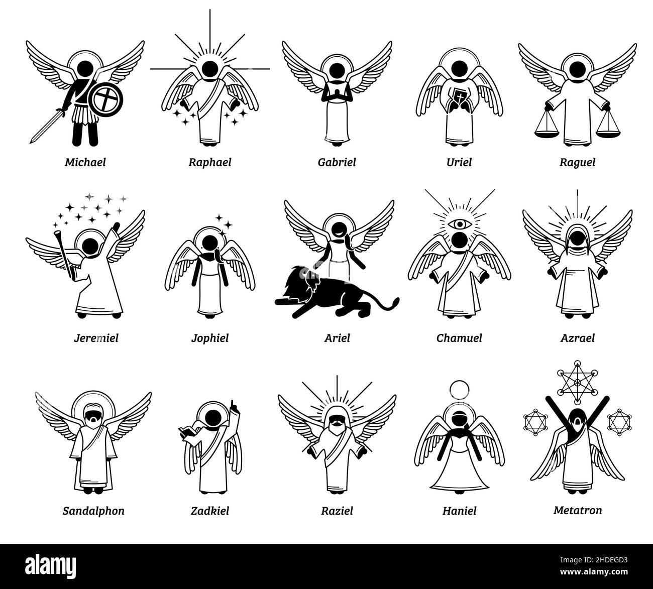 God archangels, angels, cherub cherubim, and saint. Vector illustrations depict list of Christian archangels or angels from heaven. Stock Vector