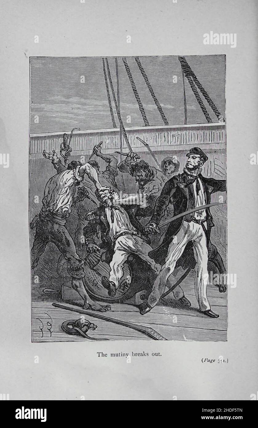 The mutiny breaks out from The Mutineers by Jules Verne based on the true story of the Mutineers of the Bounty (French: Les Révoltés de la Bounty), translated in English by English writer W. H. G. Kingston, is a short story by Jules Verne.  The story is based on British documents about the Mutiny on the Bounty and was published in 1879 together with the novel The Begum's Fortune (Les cinq cents millions de la Bégum), as a part of the series Les Voyages Extraordinaires (The Extraordinary Voyages). Unlike many authors covering the topic, Verne concentrates on the deposed captain of the Bounty, W Stock Photo