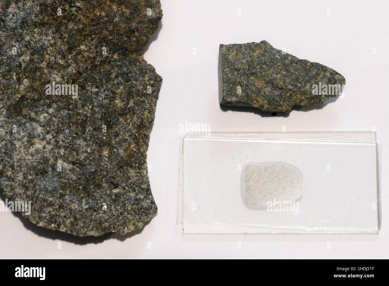 Two rock samples of green dolerite with thin section on right from summit of Foel Eryr, Preseli and left from the erratic Gower boulder  eg. 2HFERAJ Stock Photo