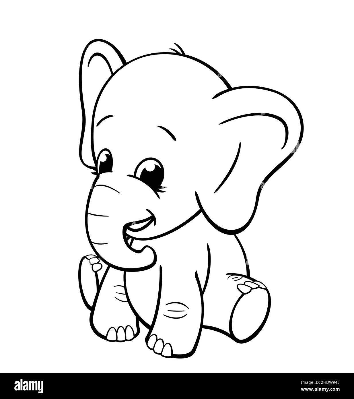 happy smiling infant baby elephant sitting coloring book image lineart vector isolated on white background Stock Vector