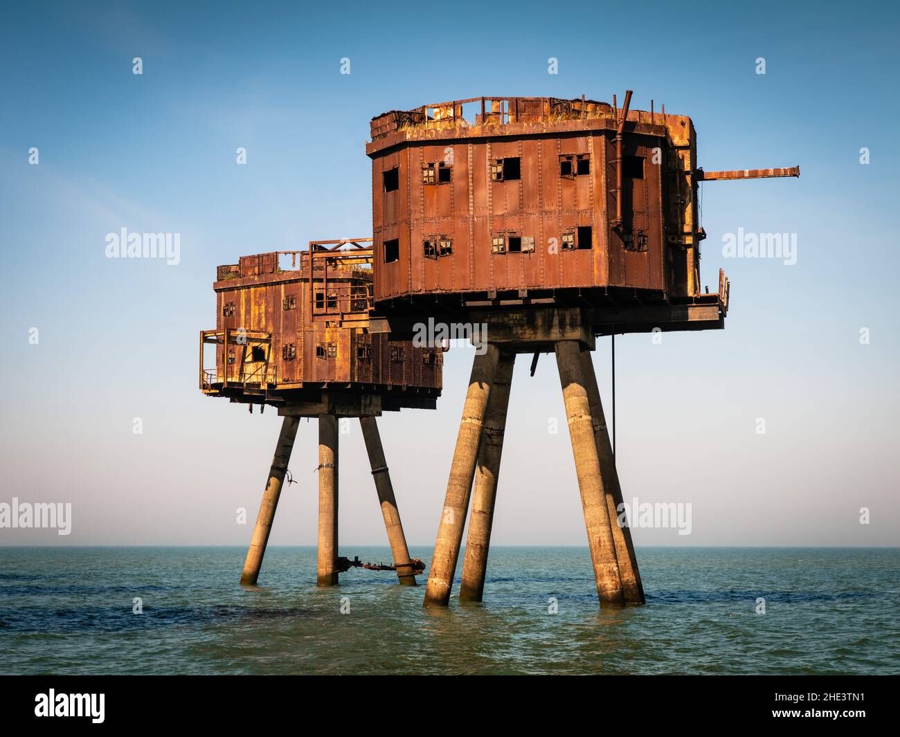 The Maunsell sea forts are armed towers built in the Thames and Mersey estuaries during the Second World War to help defend the United Kingdom. Stock Photo