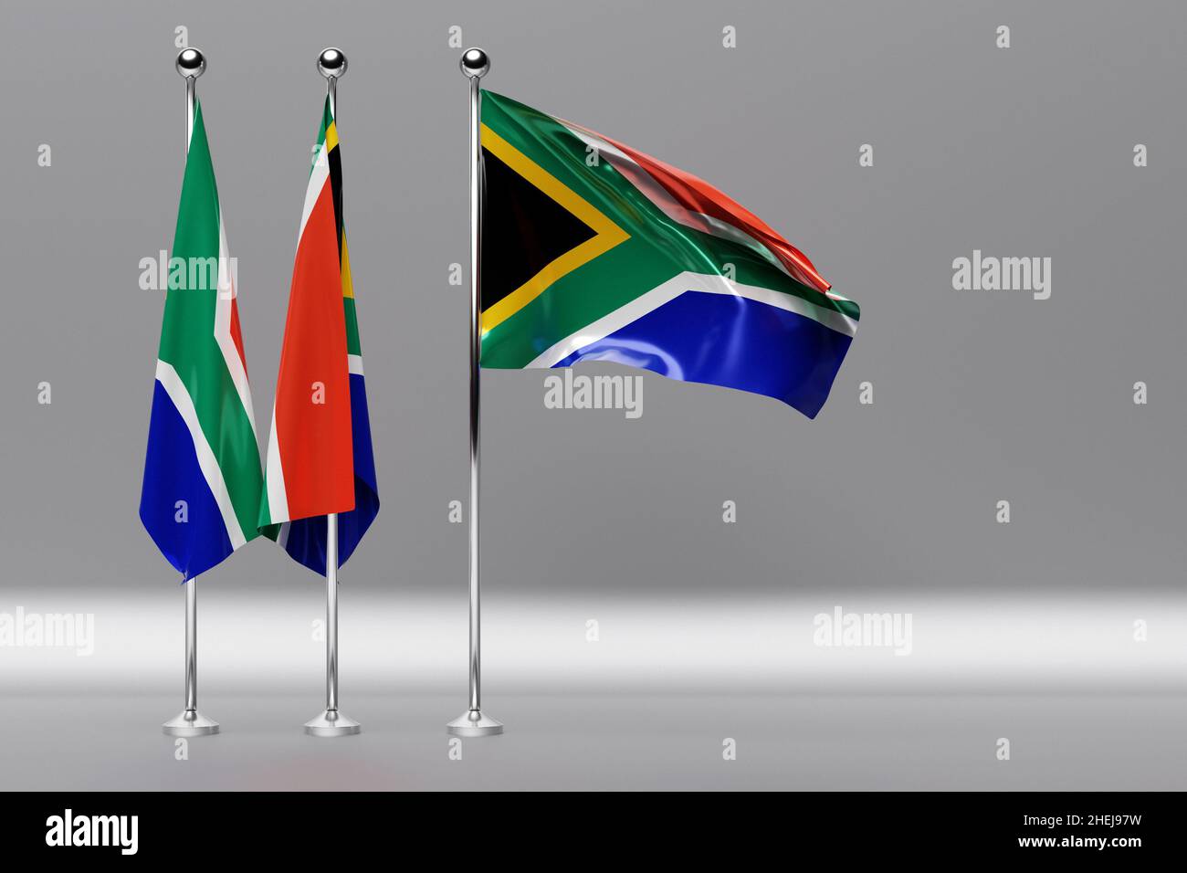 3D illustration of the national flag of South African Republic on a metal flagpole fluttering .Country symbol. Stock Photo