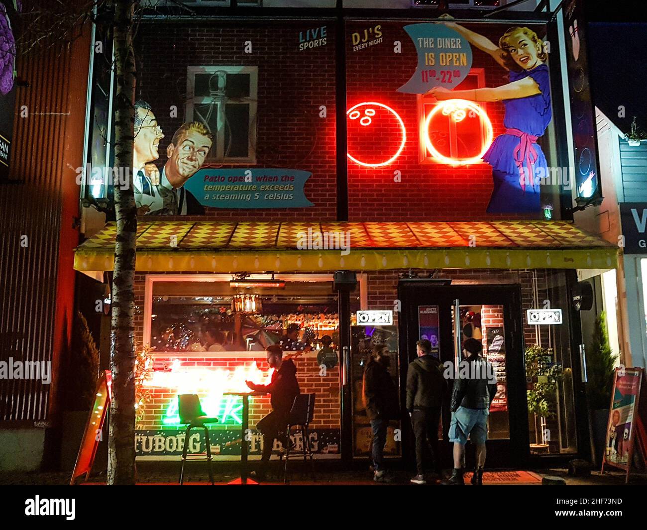 Reykjavík, Iceland - 23 November 2019: Lebowski Bar. Popular pub and restaurant. Based on the film The Big Lebowski with decorations and a ten-pin bow Stock Photo