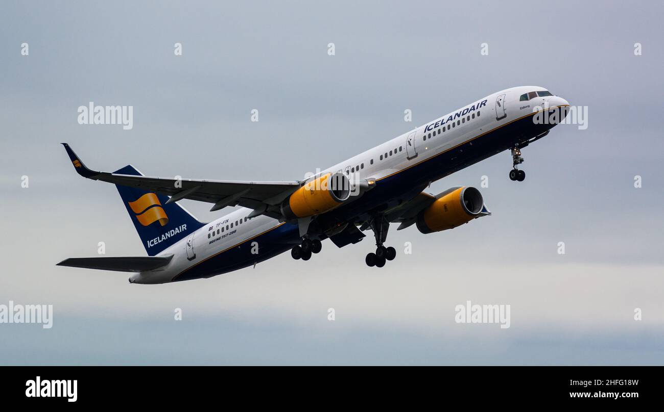 An Icelandair Boeing 757 taking off from Manchester Airport. Stock Photo