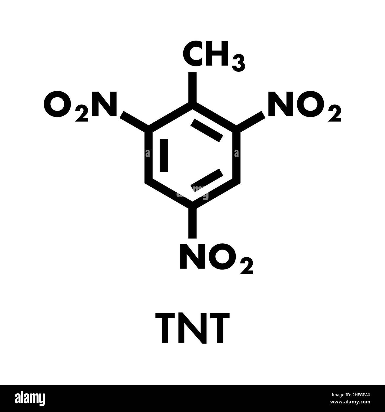 Trinitrotoluene (TNT) high explosive molecule. Skeletal formula. Stock Vector