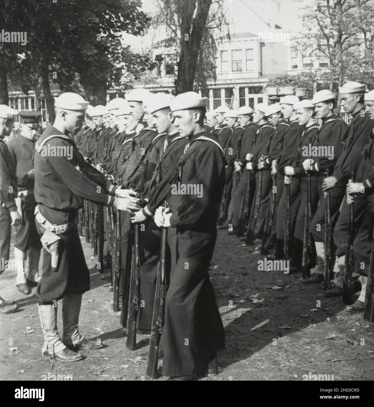 Vintage photo of World War I. 1914-1918. 'Parade rest,' naval training station. Stock Photo