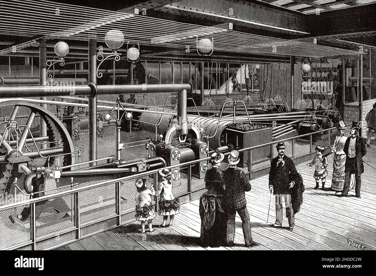 The electric plant of the Printemps store in Paris. Corliss steam engines operating the dynamo-electric machines, France. Europe. Old 19th century engraved illustration from La Nature 1884 Stock Photo