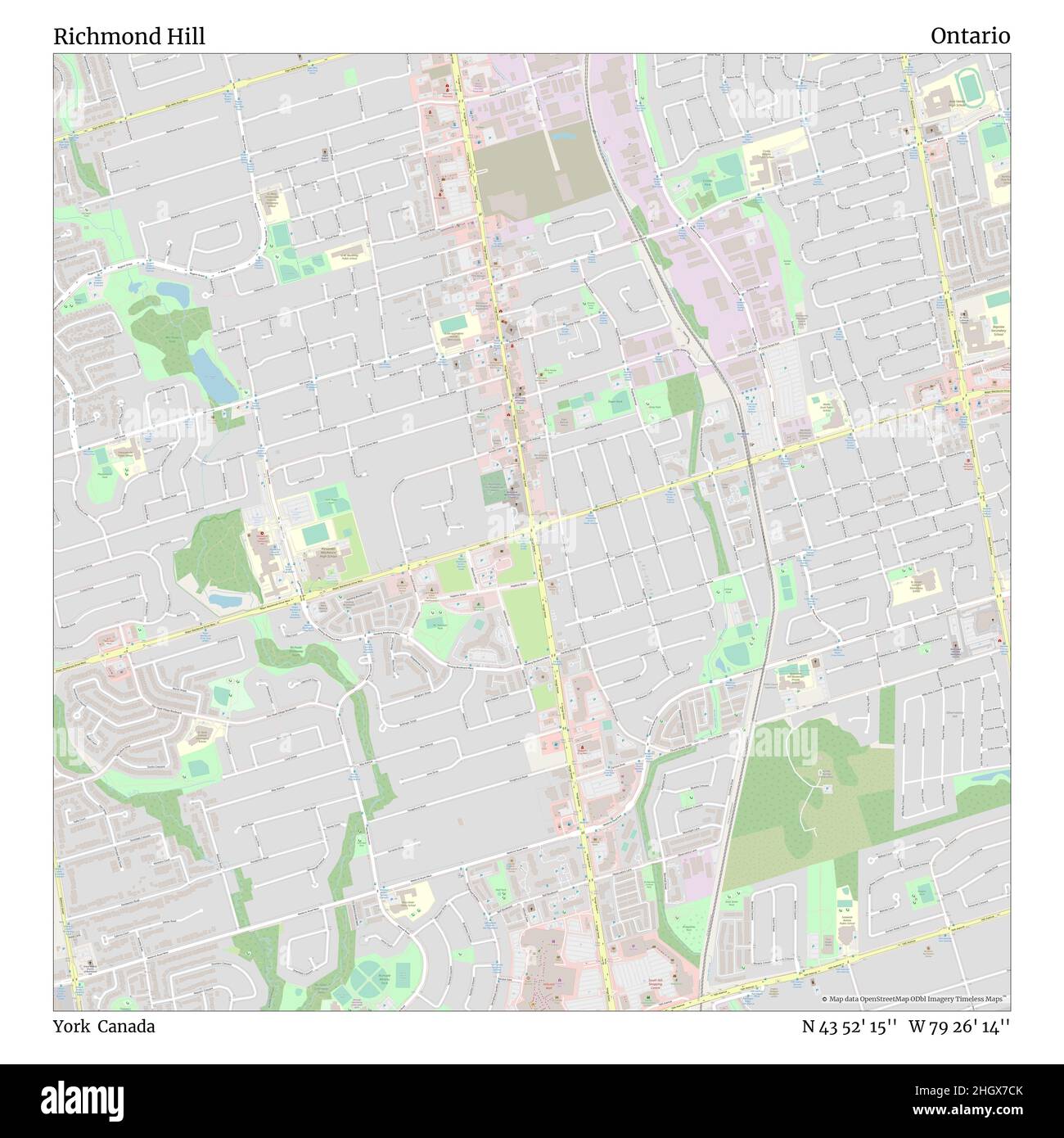 Richmond Hill, York, Canada, Ontario, N 43 52' 15'', W 79 26' 14'', map, Timeless Map published in 2021. Travelers, explorers and adventurers like Florence Nightingale, David Livingstone, Ernest Shackleton, Lewis and Clark and Sherlock Holmes relied on maps to plan travels to the world's most remote corners, Timeless Maps is mapping most locations on the globe, showing the achievement of great dreams Stock Photo