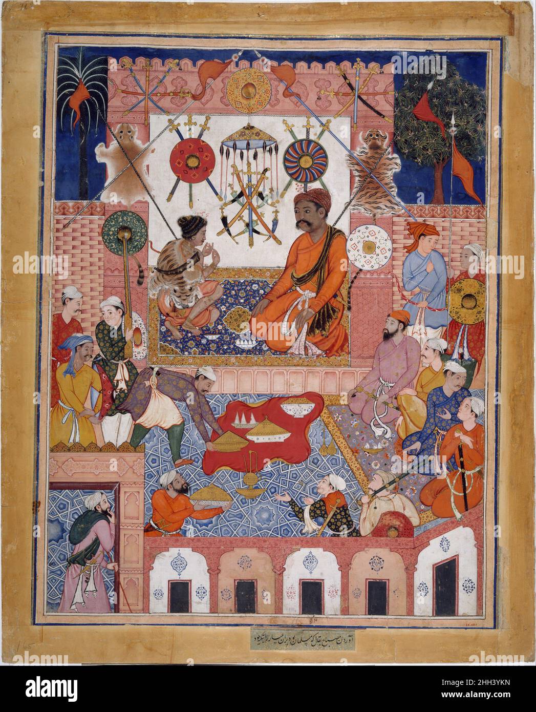 'Misbah the Grocer Brings the Spy Parran to his House', Folio from a Hamzanama (The Adventures of Hamza) ca. 1570 Attributed to Dasavanta The Hamzanama recounts the adventures of Hamza, an uncle of the Prophet Muhammad who was a legendary defender of the faith. This painting shows Misbah on the right and Parran on the left as they plot to rescue Hamza’s kidnapped son. It comes from a multivolume, large‑scale copy of the text made for the emperor Akbar, which took approximately fifteen years to complete. Unlike most books, its paintings were possibly meant to be held up for an audience while a Stock Photo