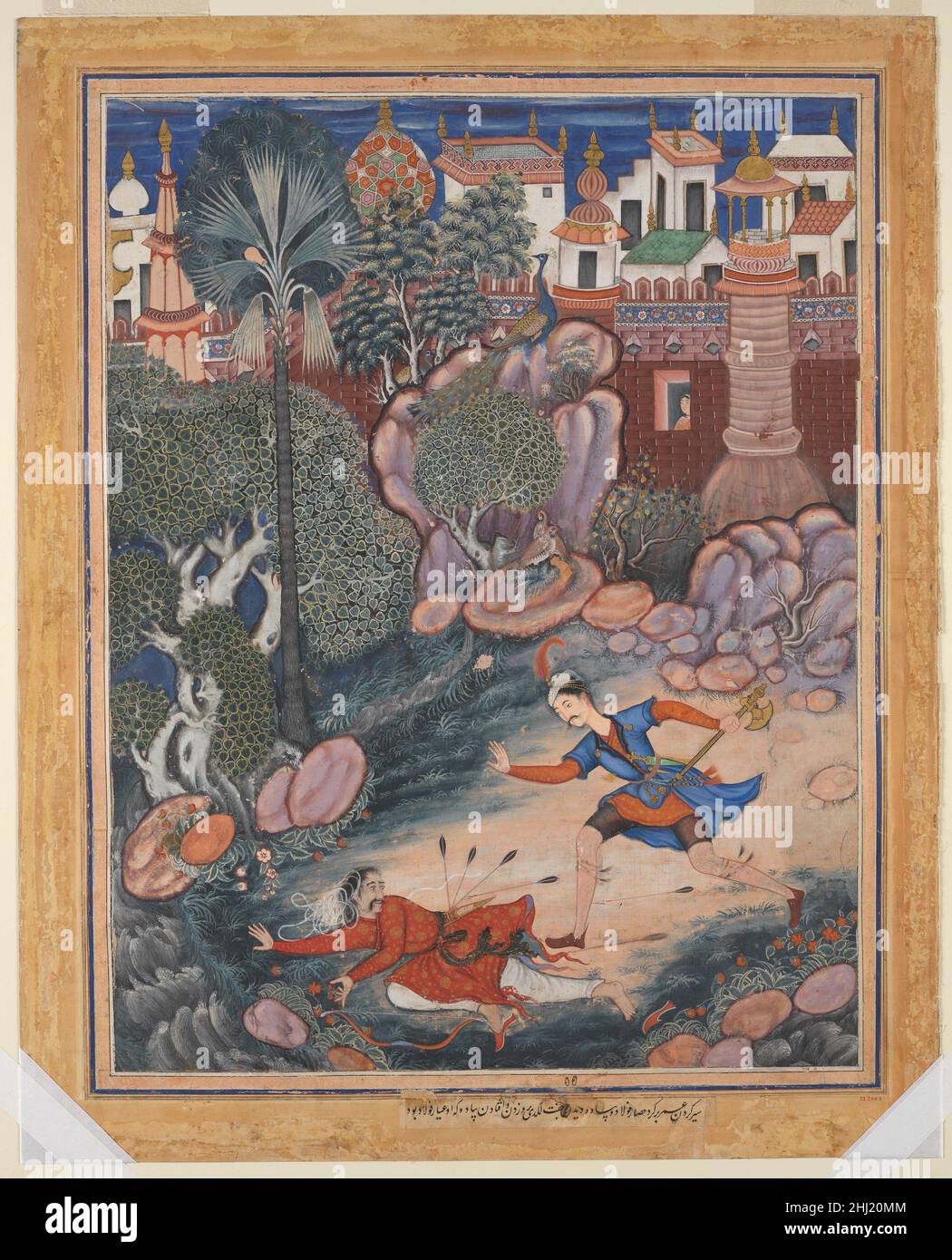 ''Umar Walks around Fulad Castle, Meets a Foot Soldier and Kicks Him to the Ground', Folio from a Hamzanama (The Adventures of Hamza) ca. 1570 Attributed to Kesav Das The Hamzanama recounts the fable of Hamza, an uncle of the Prophet Muhammad who was a legendary defender of the faith. This painting illustrates an episode involving 'Umar, a spy loyal to Hamza, who learns of a secret tunnel into Fulad castle from the soldier whom he has bested. It comes from a multivolume, large-scale copy of the text made for the emperor Akbar that took approximately fifteen years to complete. Unlike most books Stock Photo