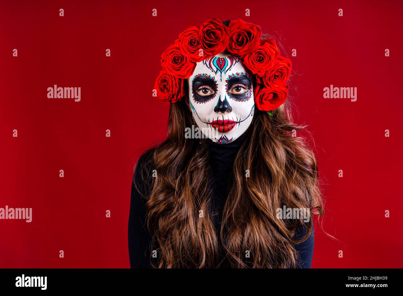 nice glamorous beautiful mexican dark brown eyes woman ready to Santa Muerte day Stock Photo