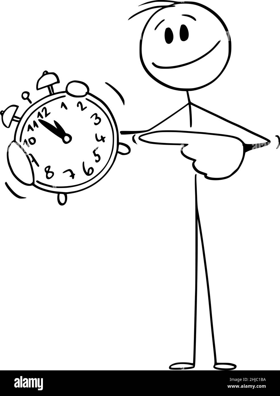 Smiling Person Holding and Pointing at Alarm Clock, Vector Cartoon Stick Figure Illustration Stock Vector