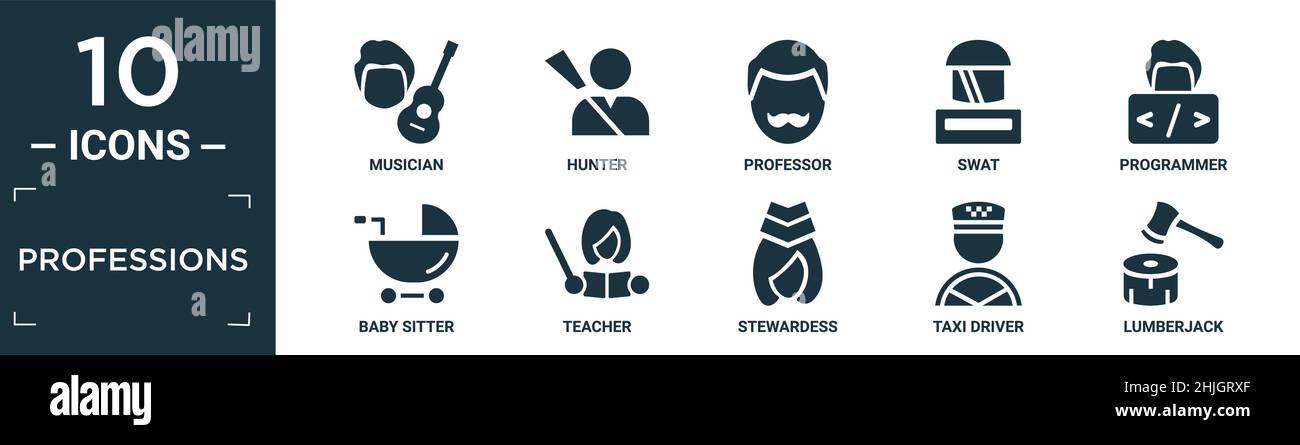 filled professions icon set. contain flat musician, hunter, professor, swat, programmer, baby sitter, teacher, stewardess, taxi driver, lumberjack ico Stock Vector