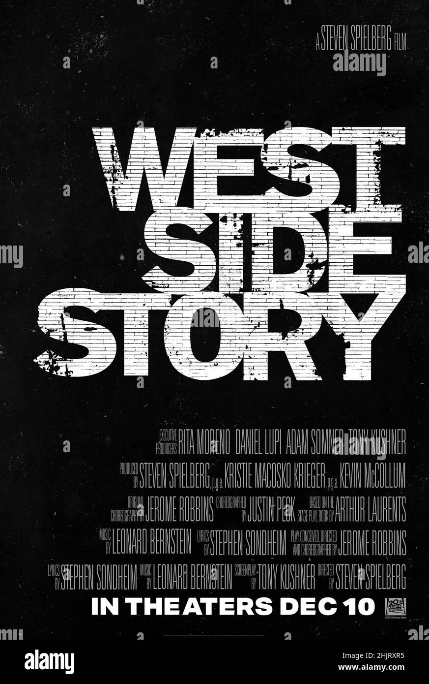 West Side Story (2021) directed by Steven Spielberg and starring Ansel Elgort, Rachel Zegler and Ariana DeBose. An adaptation of the 1957 musical, West Side Story explores forbidden love and the rivalry between the Jets and the Sharks, two teenage street gangs of different ethnic backgrounds. Stock Photo